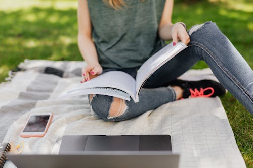 Free Crop female student studying information in textbook in sunny park Stock Photo