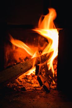 A close-up of a campfire with glowing flames and burning wood, creating warmth and ambiance.