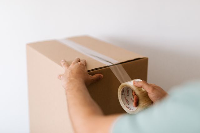 Hands sealing a cardboard moving box with tape