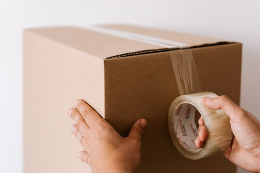 Crop faceless male sealing packed carton box with tape against white wall in daylight during relocation