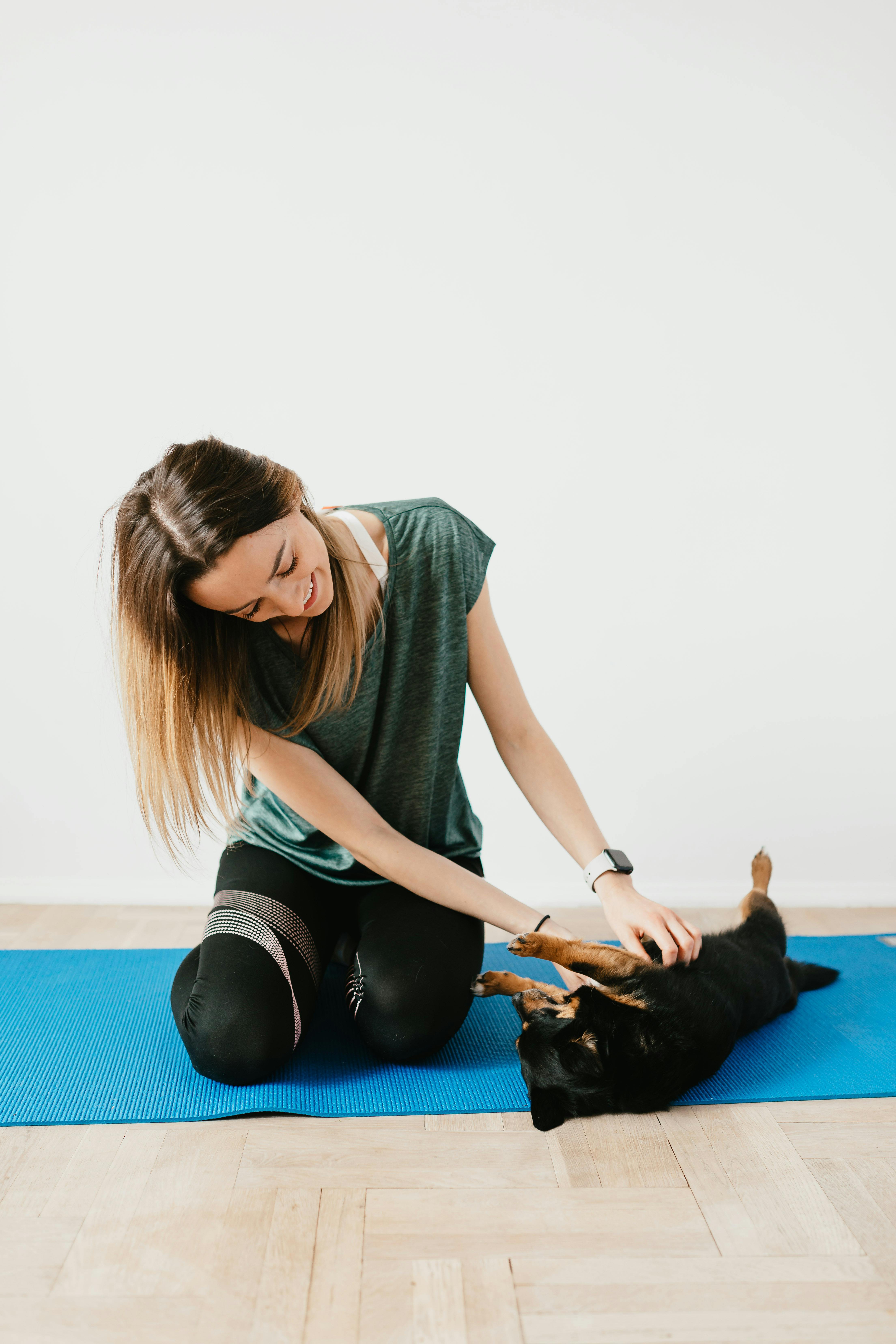Crop unrecognizable woman training small purebred dog on yoga mat · Free  Stock Photo