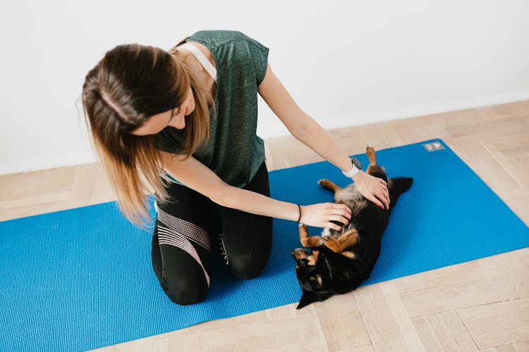 Content Woman Playing With Lancashire Heeler On Yoga Mat