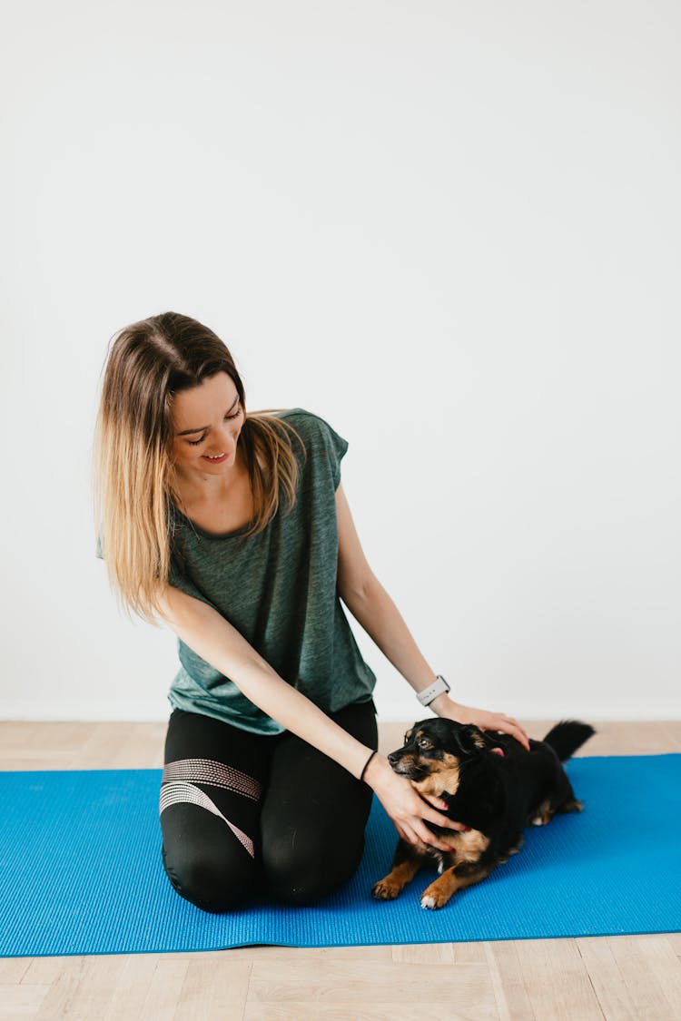 Positive Woman Palming Small Adorable Dog In Flat