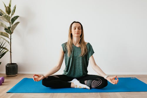 Free Serene blond lady in sportswear sitting with crossed legs and closed eyes while practicing yoga at home near potted plants Stock Photo