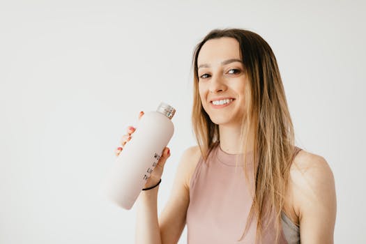 Positive slim woman in pale pink blouse and wristband holding big matte glass bottle with drink while standing in white background and looking at camera