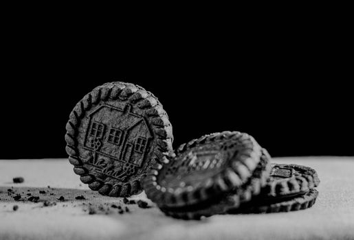 Chocolate tasty crispy cookies on table