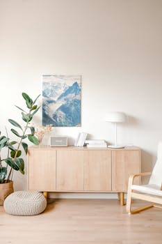 房间明亮、风格极简，配有木制家具、室内植物和山地印花装饰