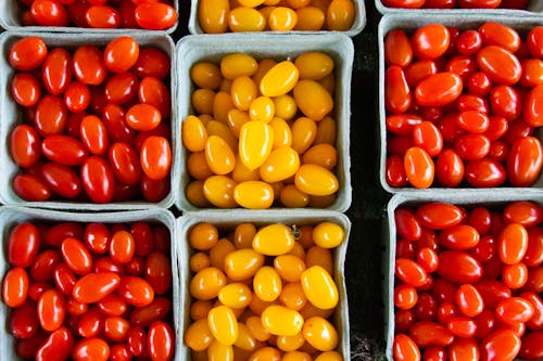 Gratis stockfoto met bovenaanzicht, containers, gele tomaten