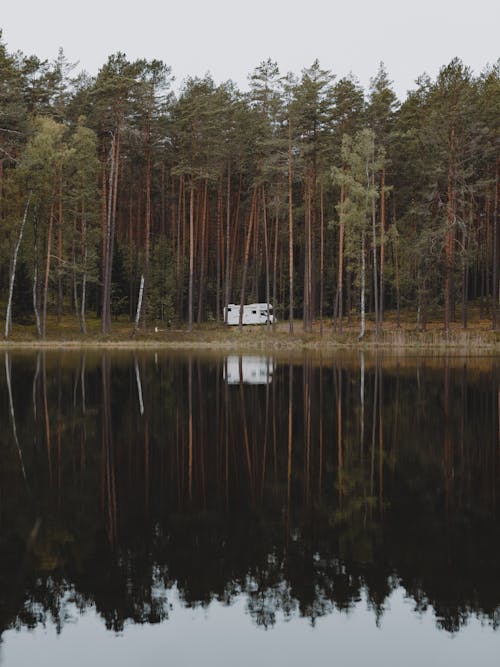 Free Camper Van Near a Lake Stock Photo