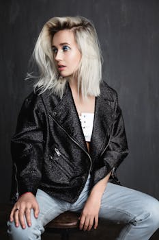 A fashionable young woman with blonde hair wearing a trendy jacket poses confidently indoors.