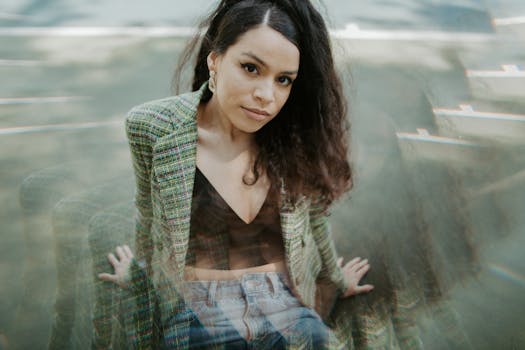 这是一幅采用双重曝光效果、展现现代时尚风格的优雅女性肖像