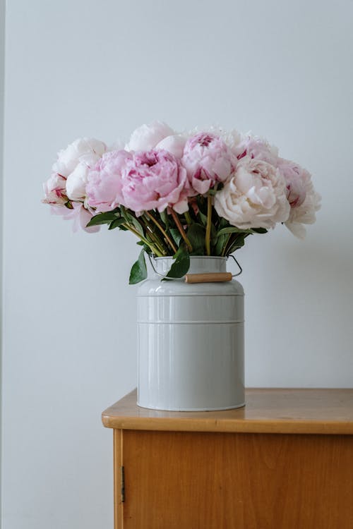 Pink Roses in White Ceramic Vase on Brown Wooden Table