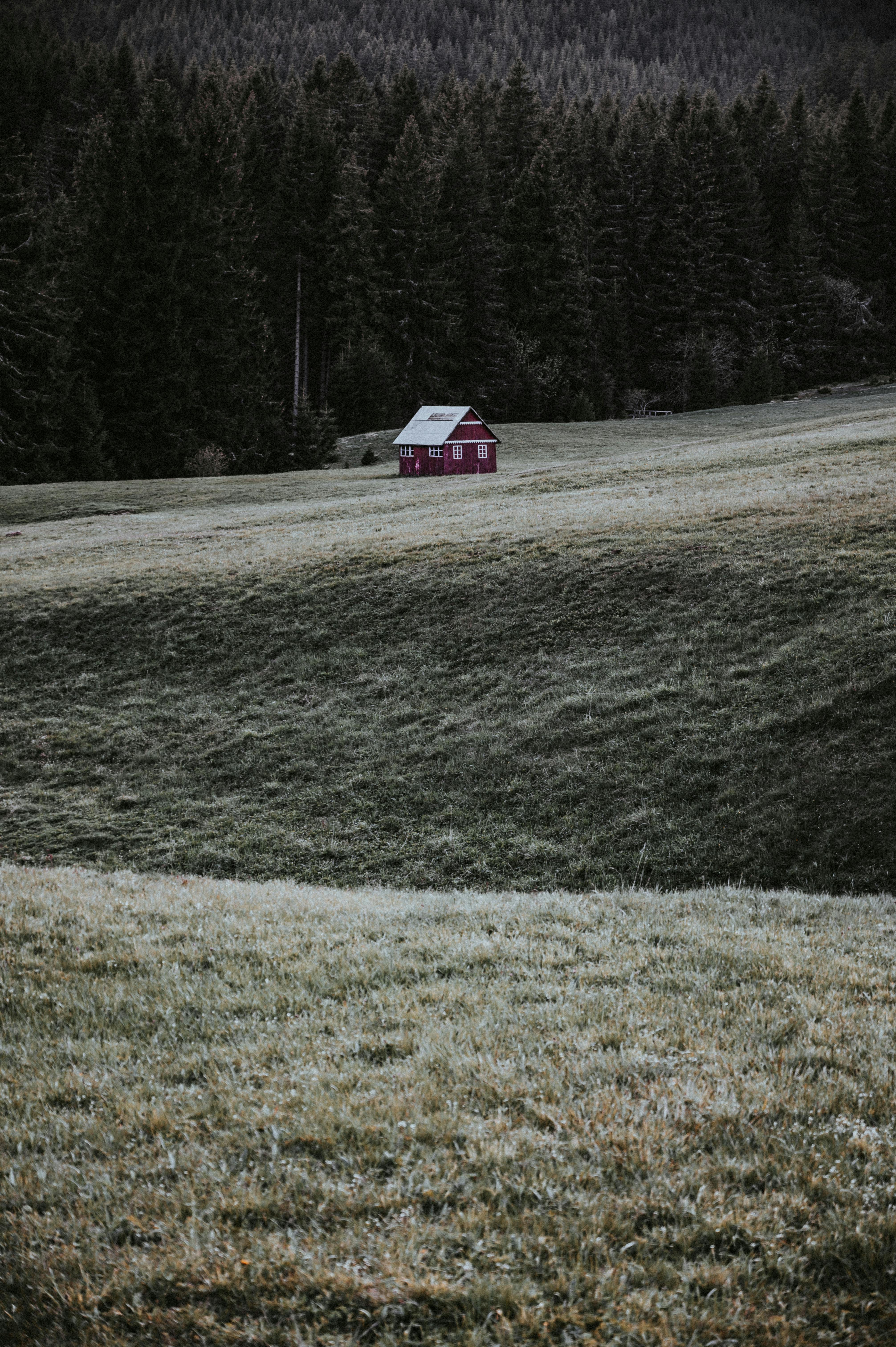 A serene red cabin nestled in the green rolling hills of Malá Úpa, Czech Republic.