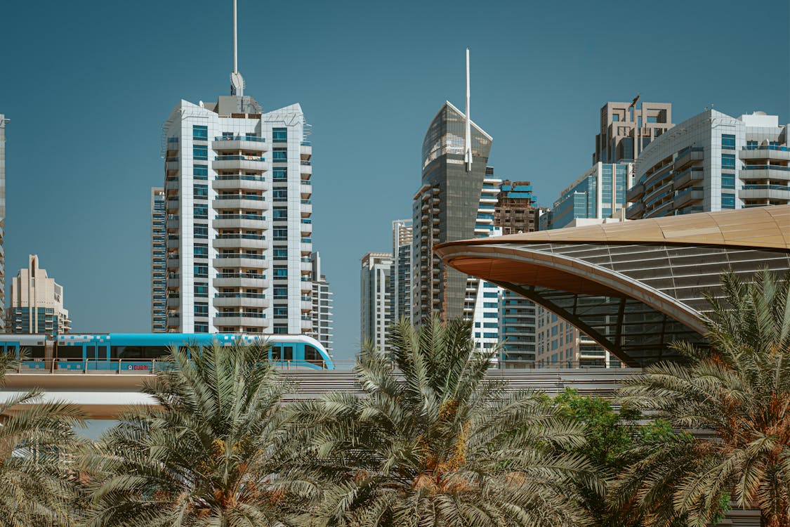 Free Railway Between Palm Trees and High Rise Buildings Stock Photo