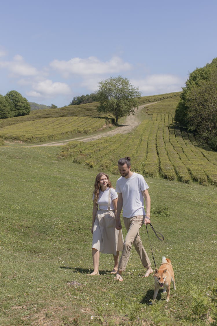 Woman And A Man Walking A Dog On A Leash