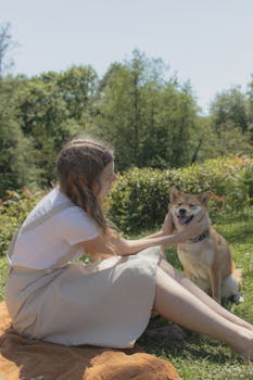 阳光明媚的公园里，一名女子正抚摸她的柴犬，这是一个宁静的户外时刻