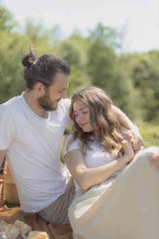 一对恩爱夫妇在风景优美的户外共享亲密时刻，展现了他们的感情与团结