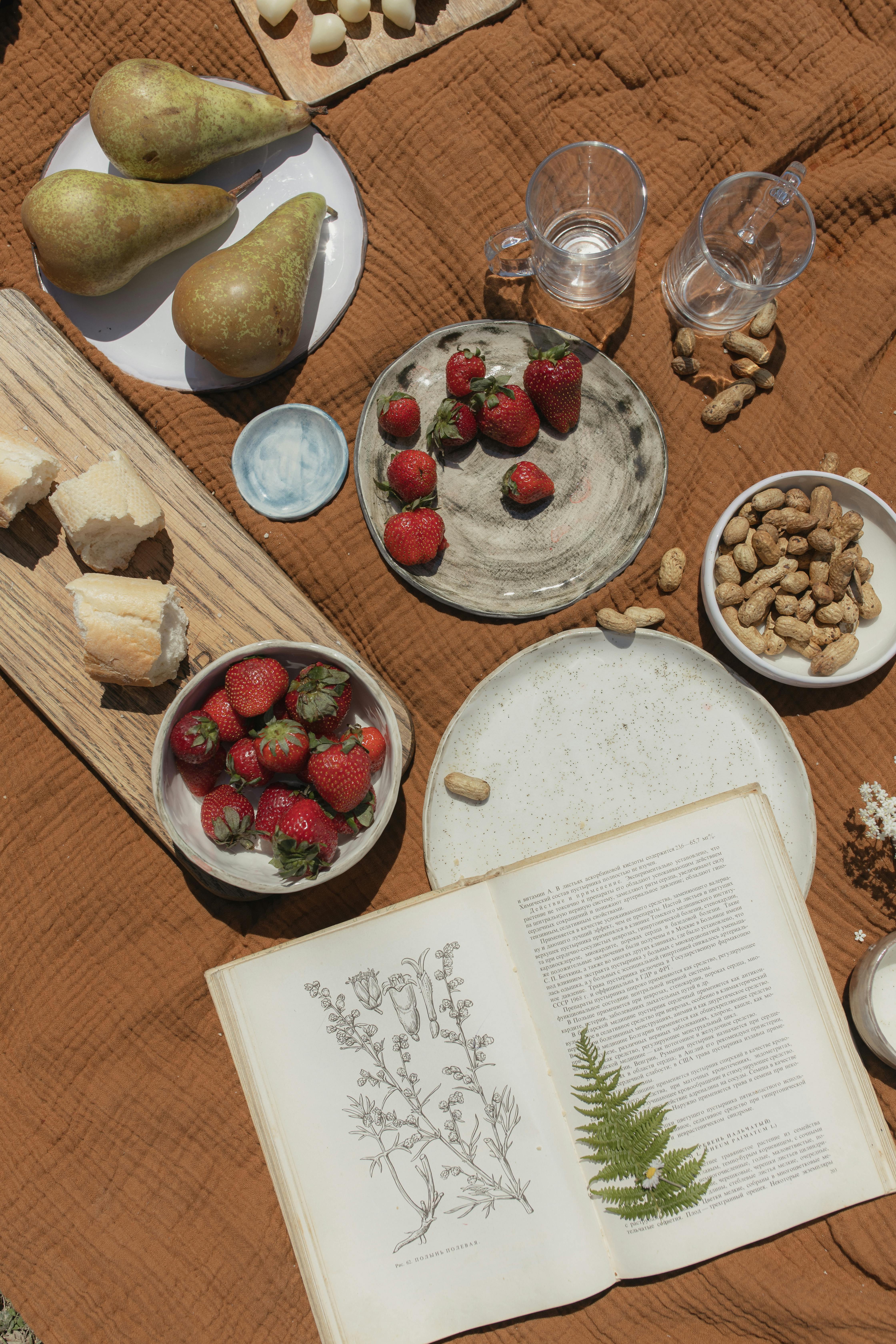 Summer Picnic with Strawberries, Pears, Nuts and Open Book on Brown Rug ·  Free Stock Photo