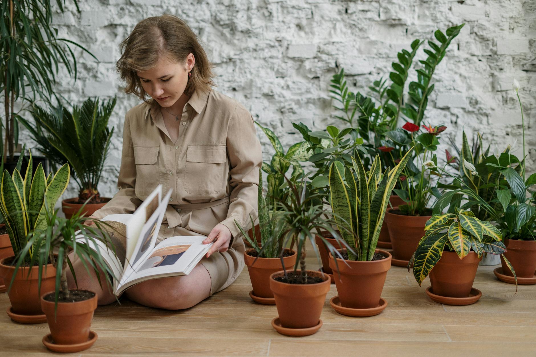 Woman in Brown Long Sleeve Shirt Reading Book While Sitting Near Plants