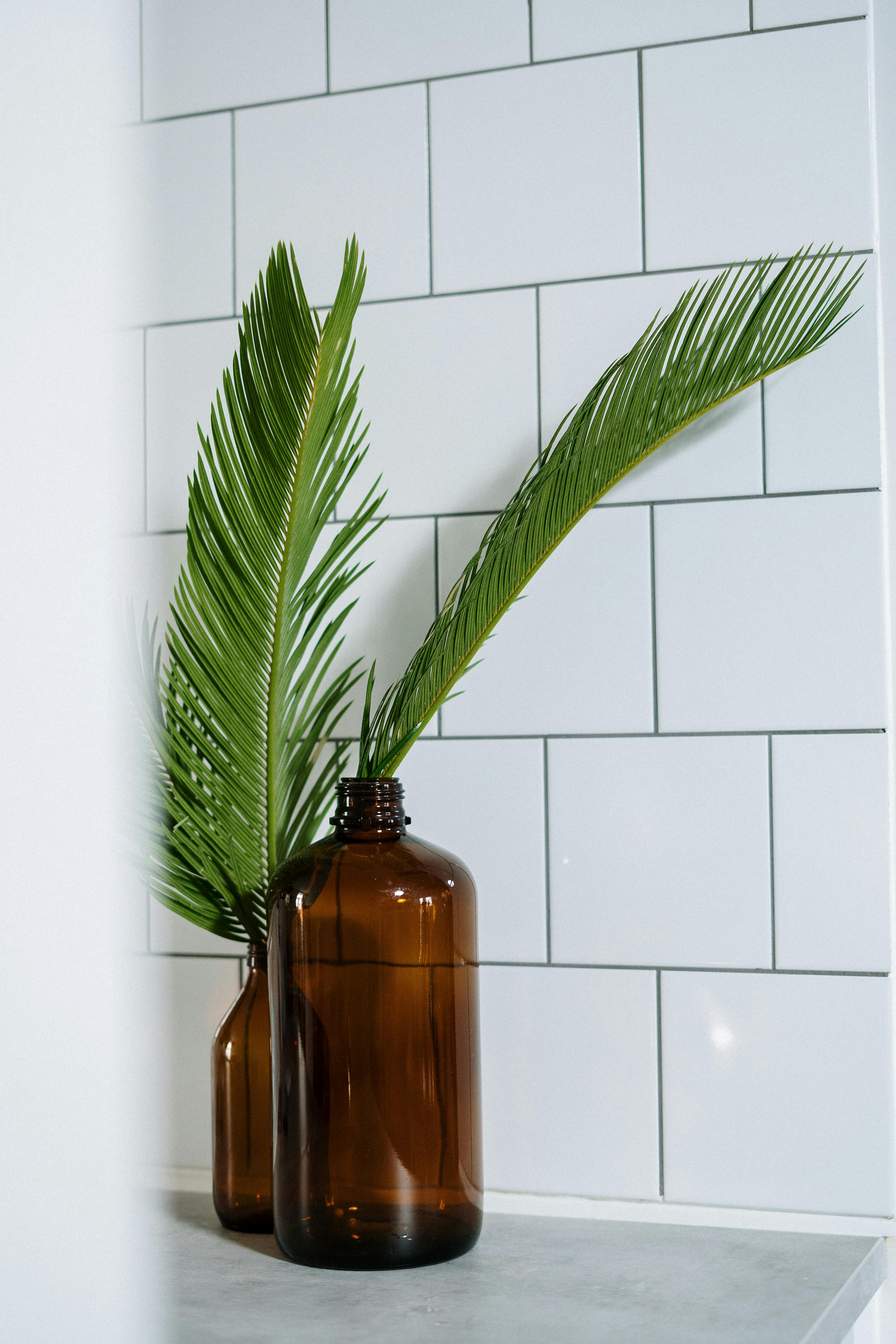 Stylish brown glass vases with palm leaves against sleek white tiles.