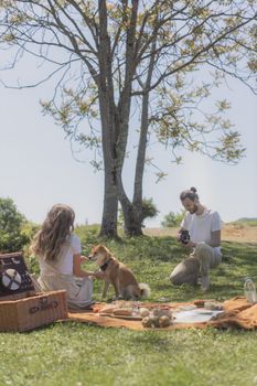 一对夫妇和他们的柴犬在草地上享受夏日野餐，捕捉美好回忆