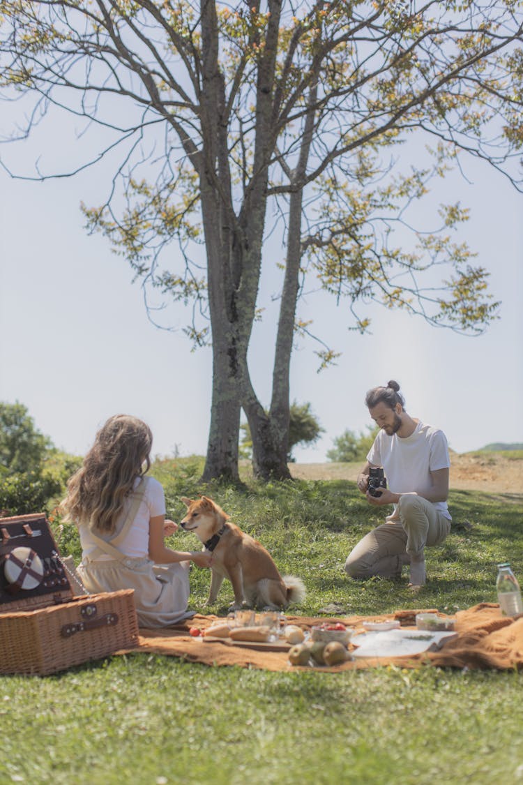 A Man In White Shirt Taking Photo Of A Dog And A Woman