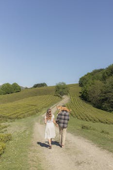 一对夫妇牵着他们的狗，走在阳光明媚的乡村风景中