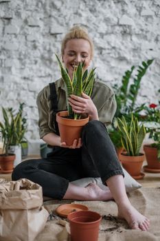 女人在舒适的空间里微笑着照料花盆里的室内植物