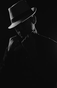 Black and white of unrecognizable masculine male in elegant wear and straw hat on black background in evening