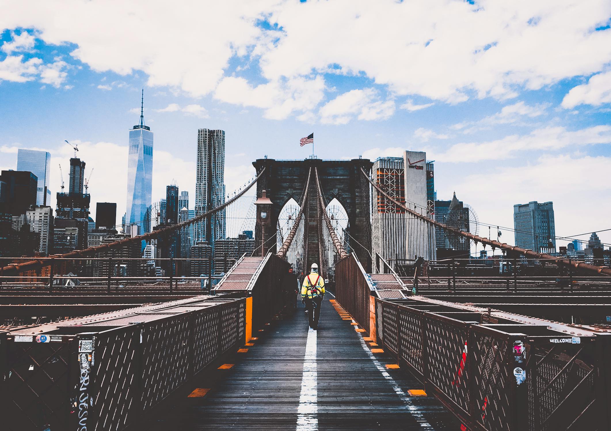 A man walking into New York City