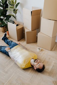 Man wrapped in plastic, lying on floor with boxes, depicting moving stress.