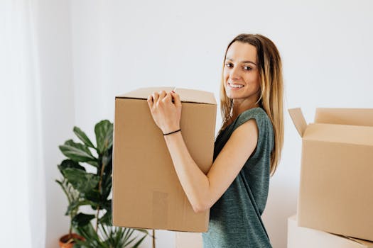 Smiling woman carrying a box while moving into her new home.