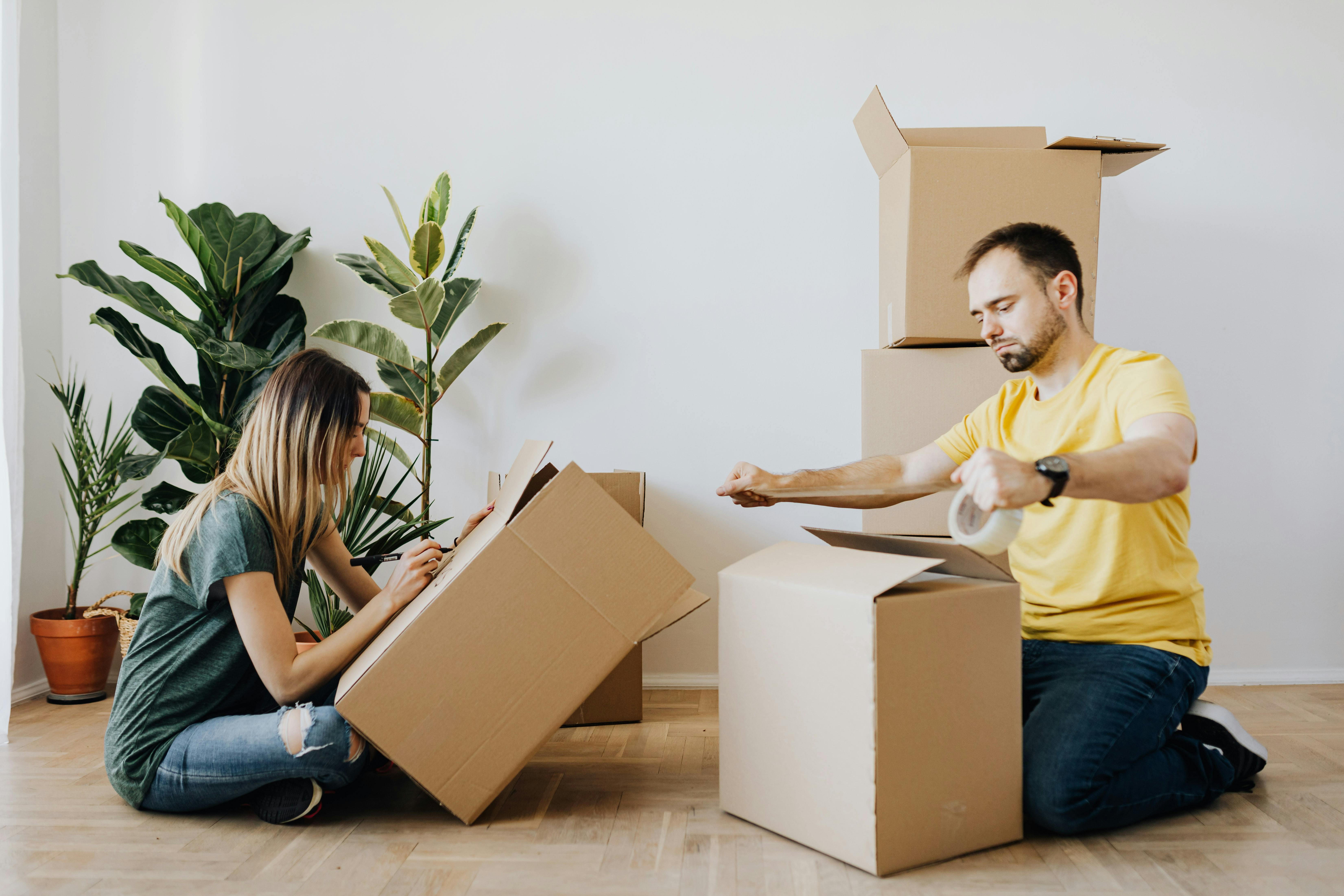 calm couple sealing carton boxes during renovation