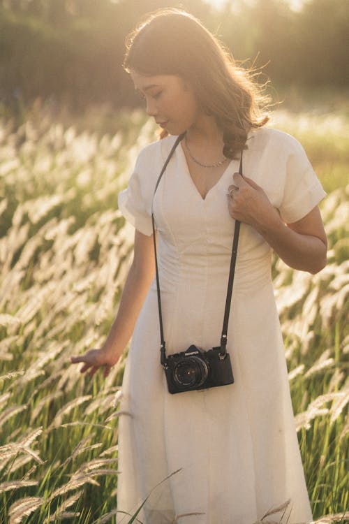 From above of young wistful Asian lady with professional photo camera standing among glowing spikes on meadow and looking down in back lit