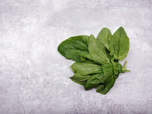 Free Fresh spinach leaves placed on a textured gray surface, captured from above. Stock Photo