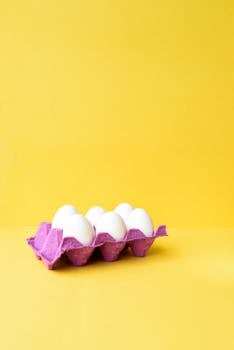 A purple carton holds five white eggs against a bright yellow background, showcasing minimalism.