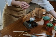 在木桌上用各种植物和工具制作多汁玻璃器皿的人