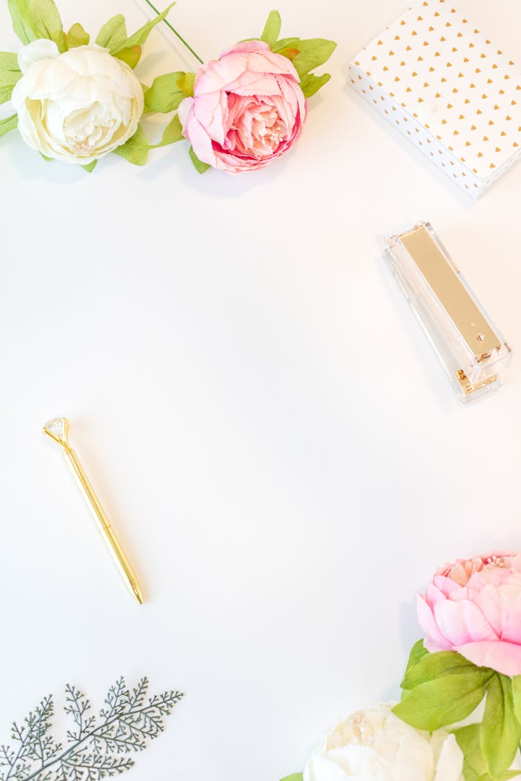 Pink And White Roses On White Background