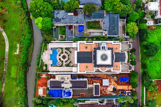 Stunning aerial image showcasing a luxurious estate with pool and gardens in South Jakarta, Indonesia.