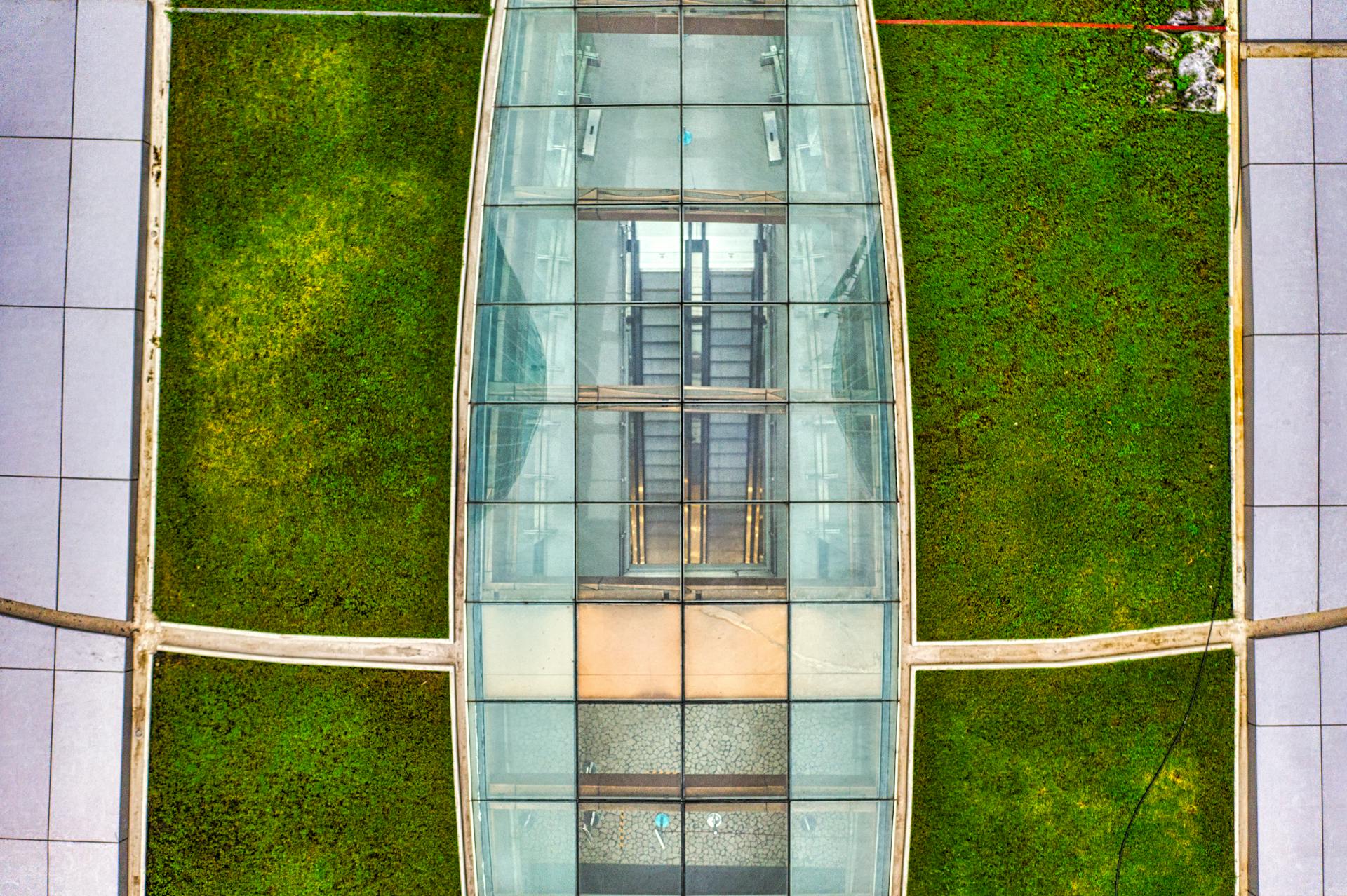 Explore the striking symmetry of a modern glass elevator surrounded by a lush green roof in Jakarta, Indonesia.