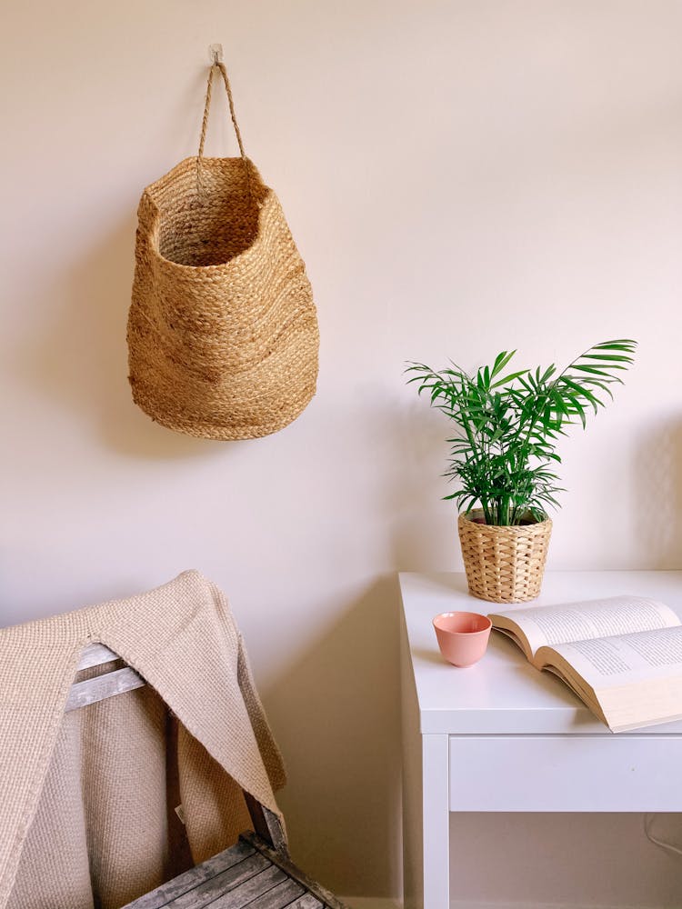 A Woven Basket Hanging On A Wall Near Potted Plant