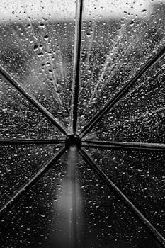 Artistic grayscale photo capturing rain droplets on an umbrella.