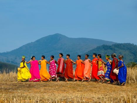 在印度农村的背景下，一群妇女穿着充满活力的服装，表演着传统的部落舞蹈