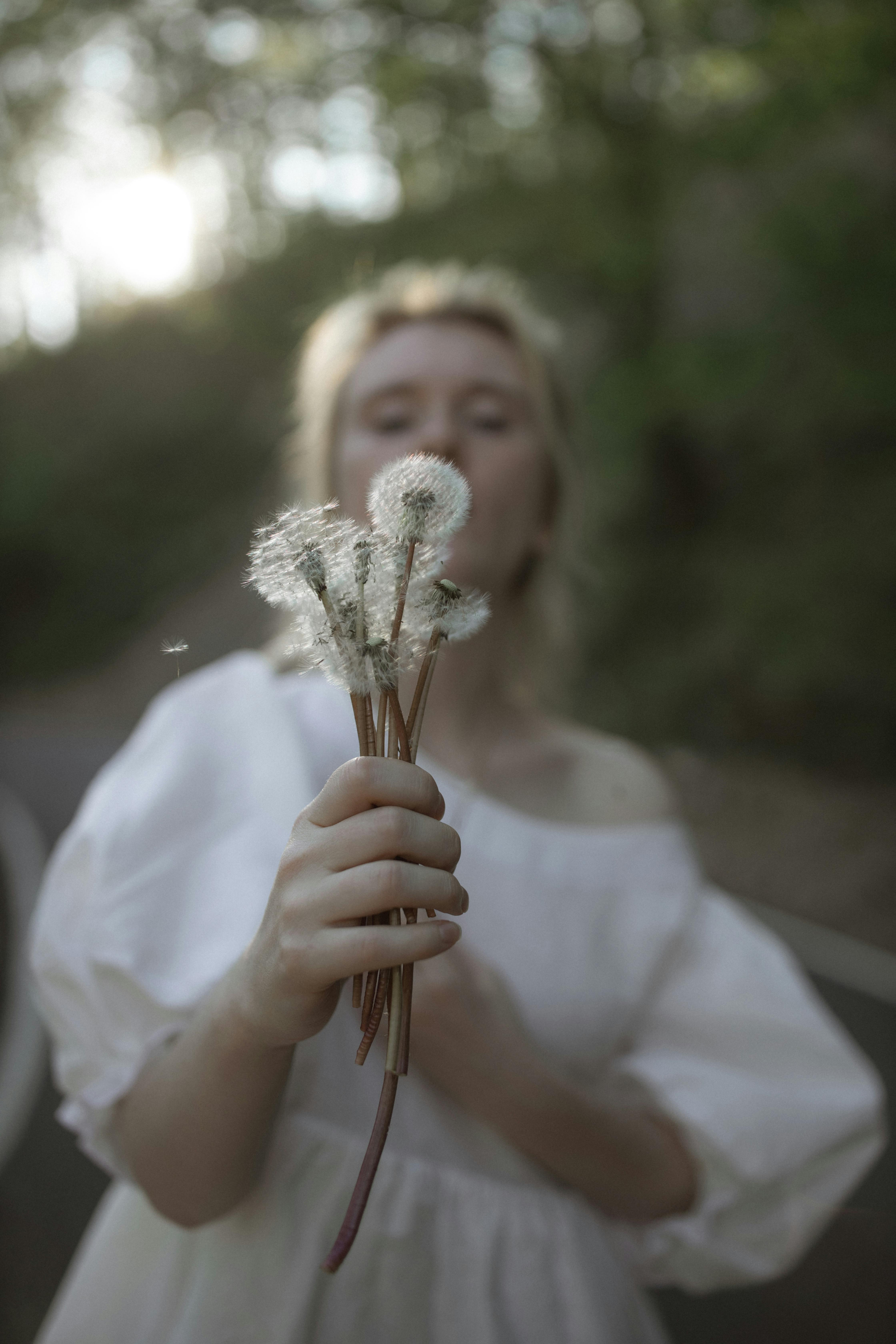 A young woman in a white dress holds dandelions against a forest backdrop during sunset.