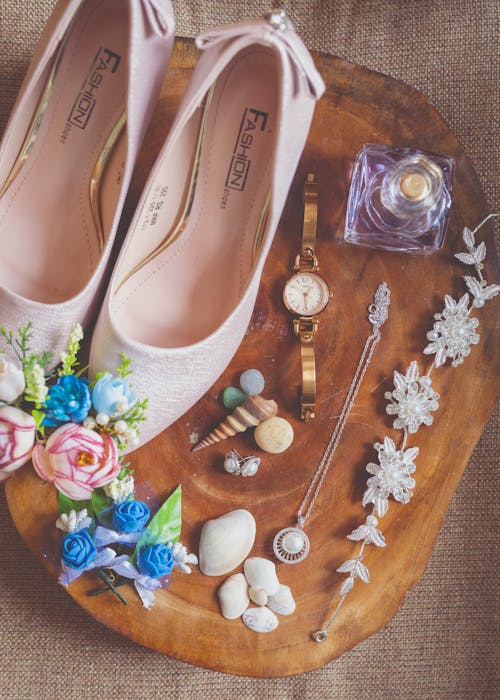 Set of precious accessories and shoes composed with decorative elements