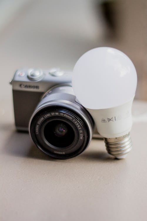 Close Up of a Camera and a Light Bulb
