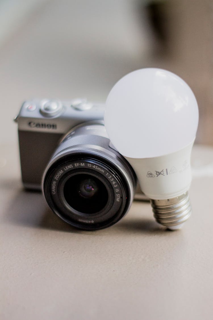 Close Up Of A Camera And A Light Bulb