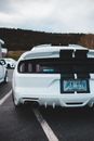 Numbers on licence plate on posterior part of contemporary luxury white car on paved road near woodland