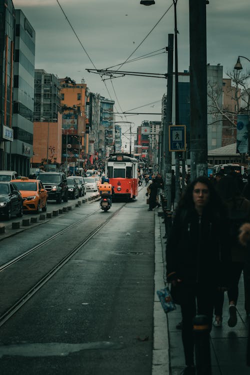 Pedestrians and vehicles in city