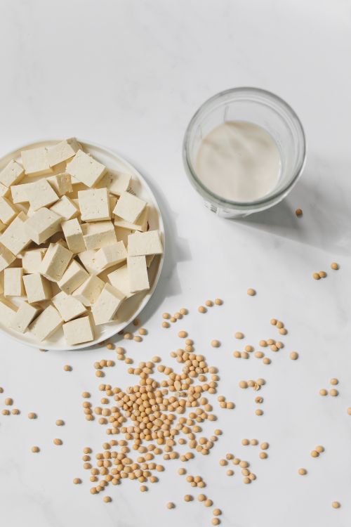 Free A minimalist flat lay of tofu cubes, soybeans, and soy milk on a white surface. Stock Photo